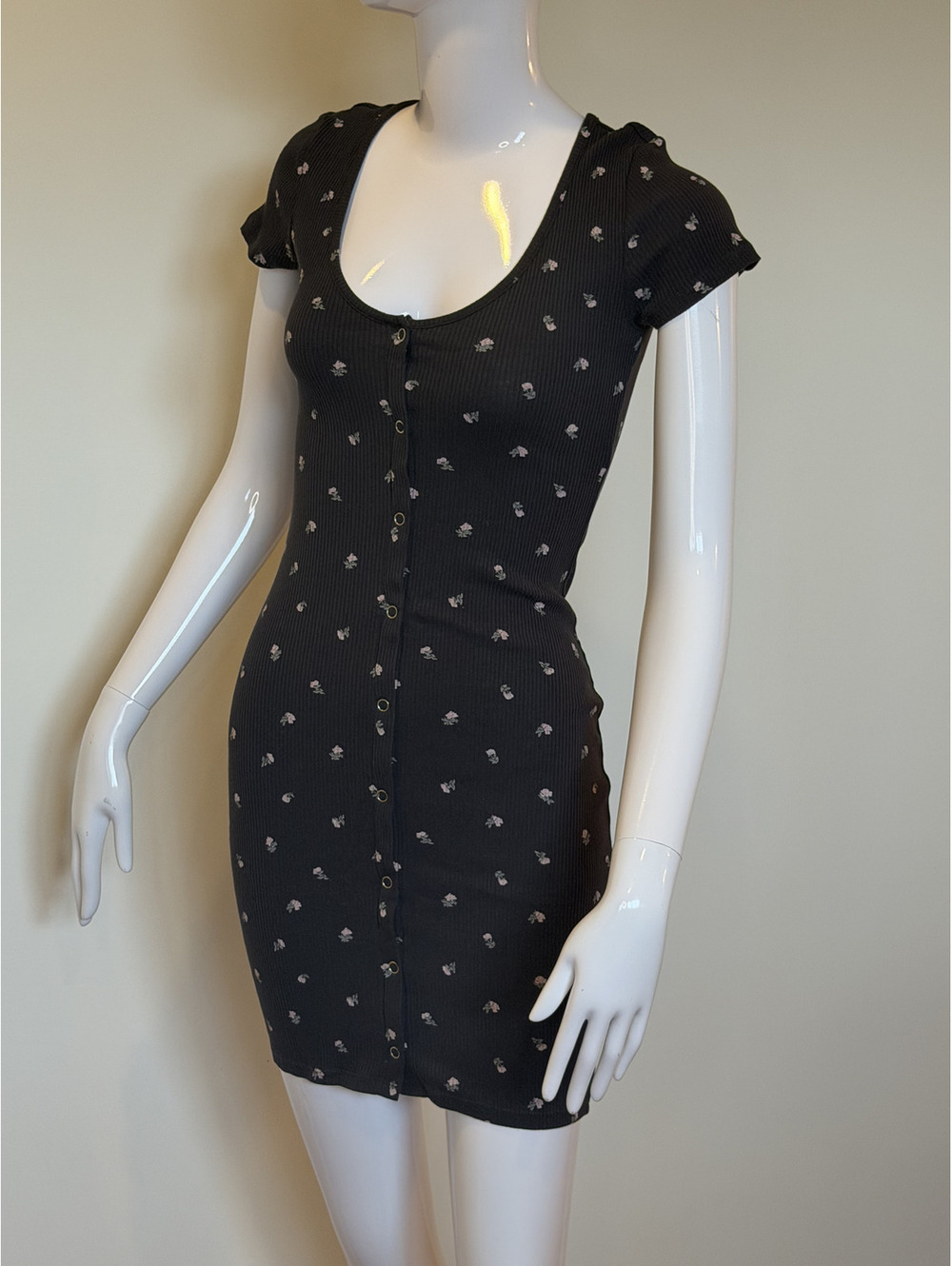 H&M Divided Black Floral Ribbed Button Front Mini Dress